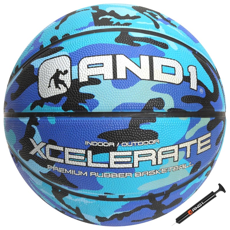AND1 Xcelerate Rubber Basketball: Official Regulation Size 7 (29.5â€) Streetball, Made for Indoor/Outdoor Games (Basketball w/Pump, Blue Camo) - Image 1